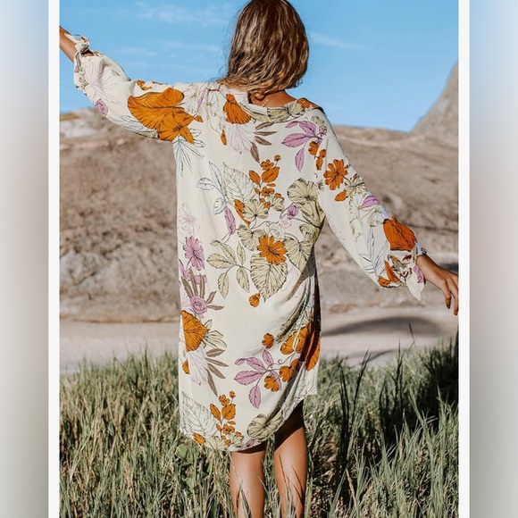 CUPSHE Women Large Floral Shirt Beach Cover Up 3/4 Sleeve Cuff Tie Button Down - Picture 3 of 4